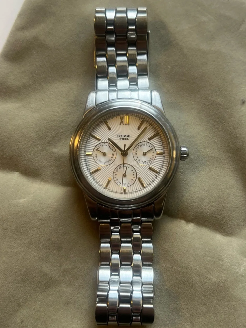 Fossil Stainless Steel Multifunction Watch Silver Gold Dial Classic